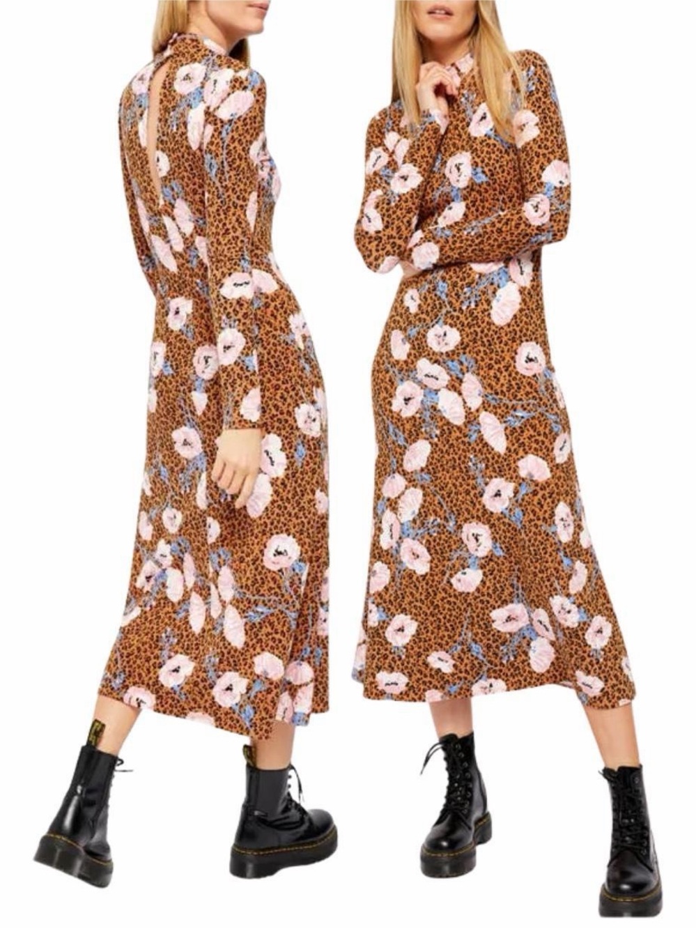 Free People Leopard Floral Midi Dress in Brown and Pink